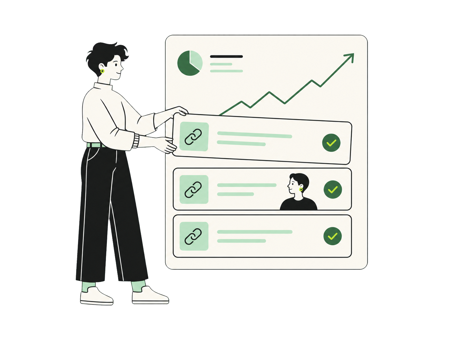 Manager che organizza link e risultati in una dashboard